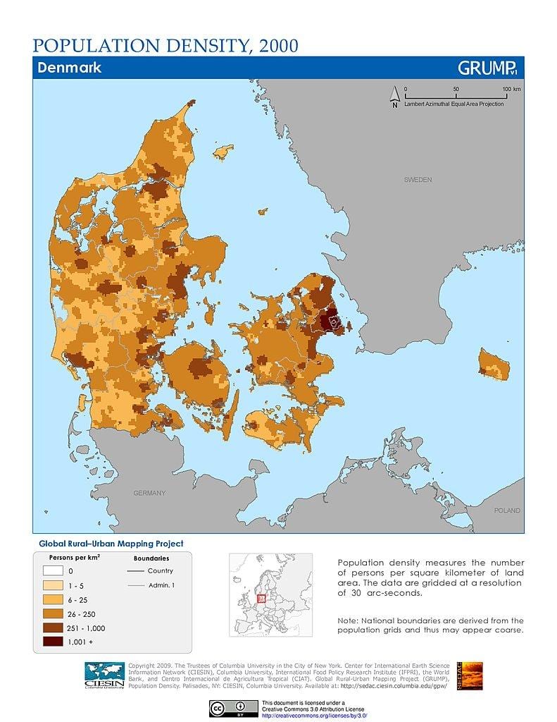 Danimarka xəritədə əhalinin sıxlığı 