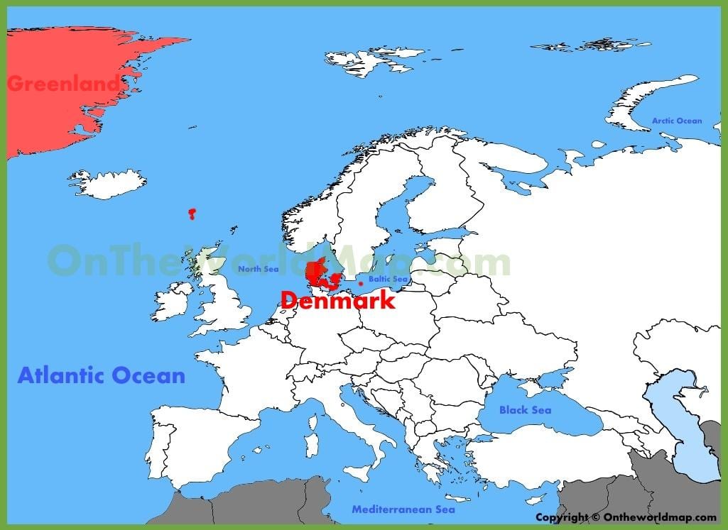 Kopenhagen, Danimarka, xəritədə Avropa